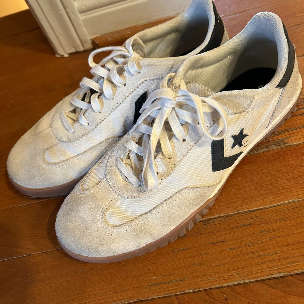 White Converse with blue stripe and star